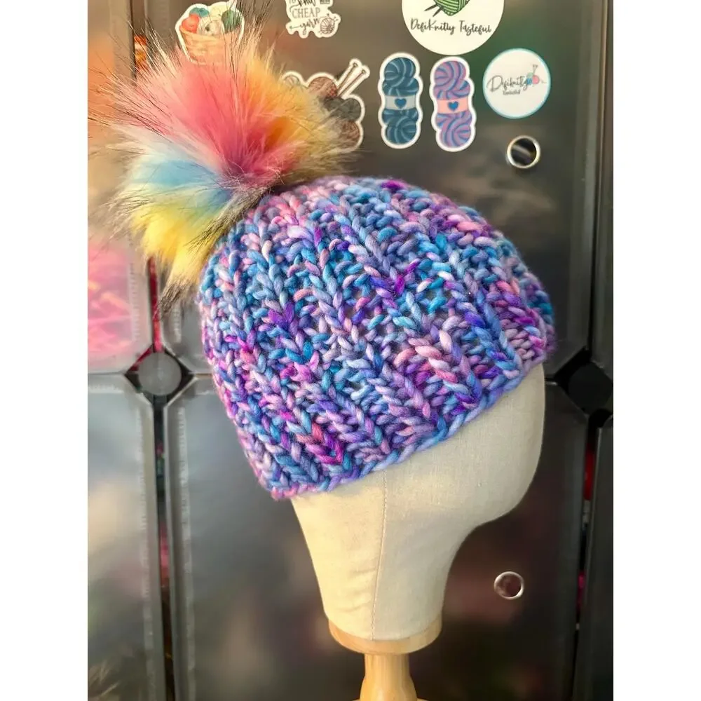 Hand Knit Merino Wool Beanie: DefiKnitly Tasteful Knit Hat with Faux Fur Pom
